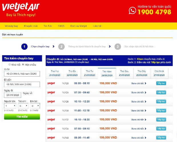 Tra cứu lịch bay trên website của Vietjet Air